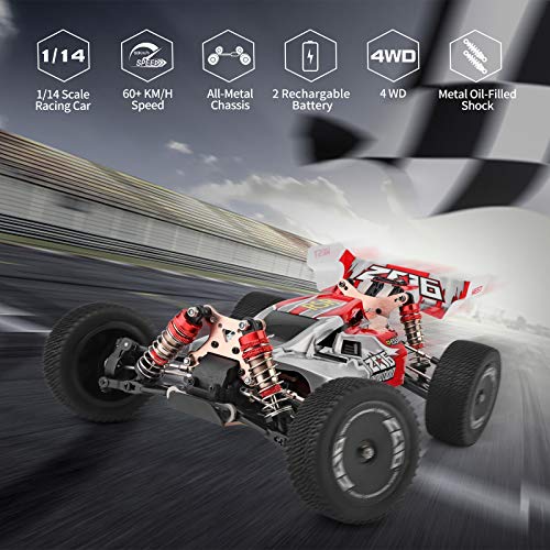 Remote Control Car,60+ KMH 1:14 Scale WLtoys 144001 Fast RC Cars for Adults Kids,4WD Off Road Buggy Racing Car with 2 Batteries Gifts for Boys (Red)