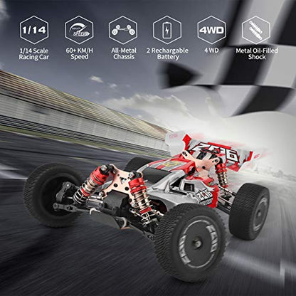 Remote Control Car,60+ KMH 1:14 Scale WLtoys 144001 Fast RC Cars for Adults Kids,4WD Off Road Buggy Racing Car with 2 Batteries Gifts for Boys (Red)