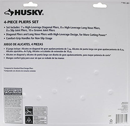 Husky 861461 4 Piece High Leverage Multi-Use Pliers Set with Diagonal, Long Nose, Slip Joint, and Groove Joint Pliers