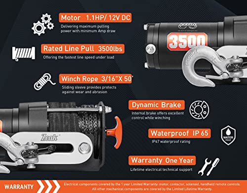 ZEAK 3500 lb. Advanced 12V DC Electric Winch, Off Road Waterproof, Synthetic Rope, Mount, for Sports car, ATV