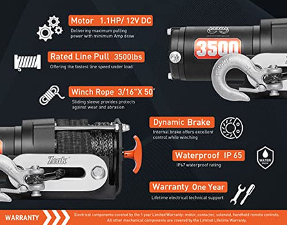 ZEAK 3500 lb. Advanced 12V DC Electric Winch, Off Road Waterproof, Synthetic Rope, Mount, for Sports car, ATV