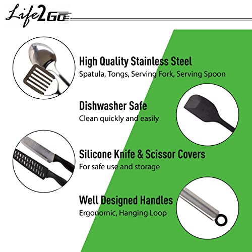 Camp Cooking Utensil Set & Outdoor Kitchen Gear-10 Piece Cookware Kit, Portable Compact Carry Case -for Camping, Hiking, RV, Travel, BBQ, Grilling-Stainless Steel Accessories- Fork, Spoon, Knife, etc