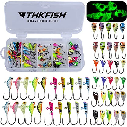 THKFISH 50Pcs/Box Ice Fishing Jigs Set Ice Fishing Lures Walleye Jigs Heads for Ice Fishing Gear Kit Panfish Crappie Perch Jigs Ice Fishing Box A