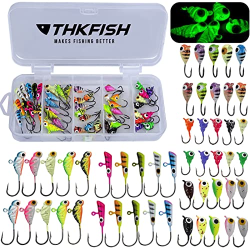 THKFISH 50Pcs/Box Ice Fishing Jigs Set Ice Fishing Lures Walleye Jigs Heads for Ice Fishing Gear Kit Panfish Crappie Perch Jigs Ice Fishing Box A