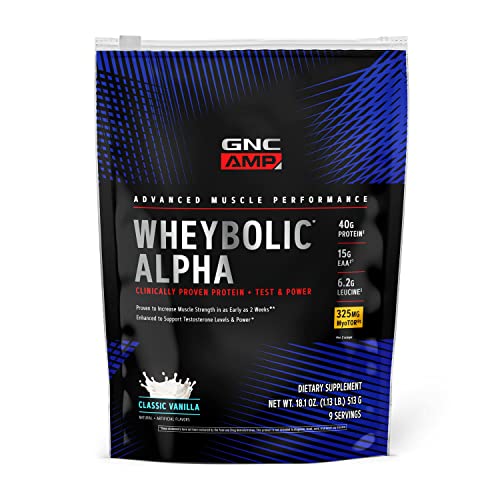 GNC AMP Wheybolic Alpha with MyoTOR Protein Powder | Targeted Muscle Building and Workout Support Formula with BCAA | Supports Testosterone Levels | 40g Protein | 9 Servings | Classic Vanilla