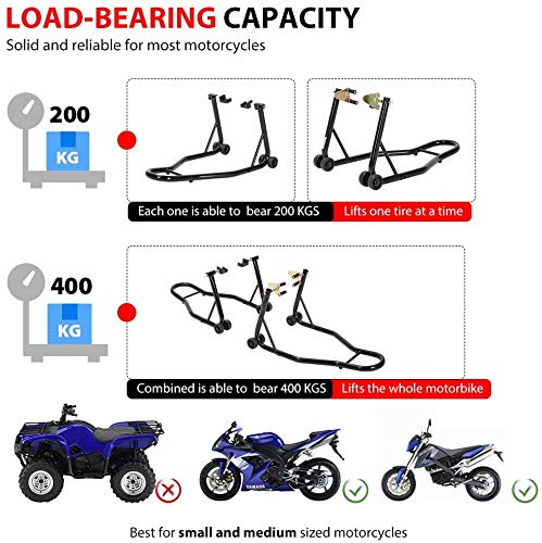 SPECSTAR Heavy Duty Motorcycle Front Rear Wheels Lift Universal Sport Bike Swingarm Spool Paddock Stand Combo for Suzuki Yamaha Honda Kawasaki Black
