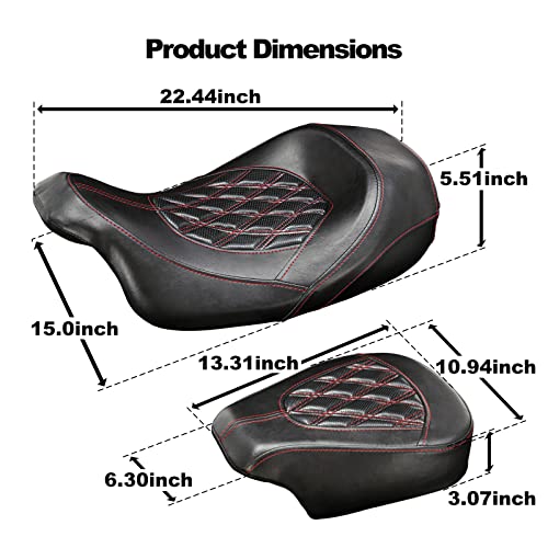 Low-Profile Seats Rider Passenger Pillion Leather Seat for Harley 2009-2022 Touring Road King Ultra CVO Limited Street Glide Road Glide models [Two Peice Driver & Passenger Seat, Red Stitching]