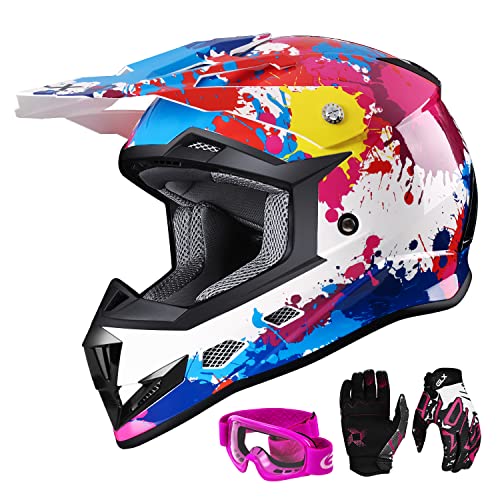 GLX GX623 DOT Kids Youth ATV Off-Road Dirt Bike Motocross Motorcycle Full Face Helmet Combo Gloves Goggles for Boys & Girls (Graffiti, Medium)