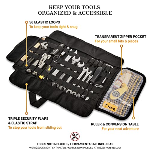 Heavy duty motorcycle tool roll bag - Tools NOT included - Empty small tool bag and roll up wrench organizer tool pouch with elastic loops, pocket MOLLE webbing to wrap tool kit for MC bike ATV UTV