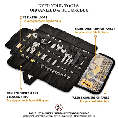 Heavy duty motorcycle tool roll bag - Tools NOT included - Empty small tool bag and roll up wrench organizer tool pouch with elastic loops, pocket MOLLE webbing to wrap tool kit for MC bike ATV UTV