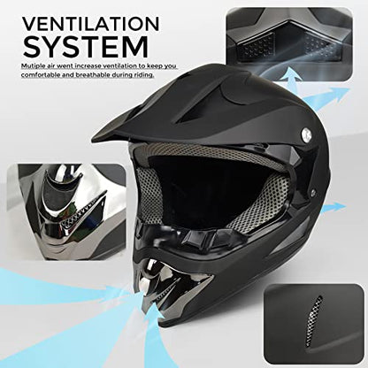 Motocross Helmet,Youth Kids Trend Full Face Helmet,ATV Motorcycle Helmet,Dirt Bike Downhill Off-Road Mountain Bike Helmet,DOT Certified,4-Piece Set (Black, M)