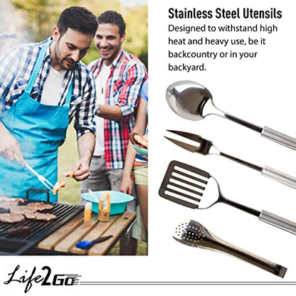 Camp Cooking Utensil Set & Outdoor Kitchen Gear-10 Piece Cookware Kit, Portable Compact Carry Case -for Camping, Hiking, RV, Travel, BBQ, Grilling-Stainless Steel Accessories- Fork, Spoon, Knife, etc
