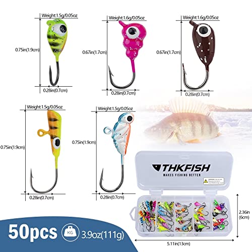 THKFISH 50Pcs/Box Ice Fishing Jigs Set Ice Fishing Lures Walleye Jigs Heads for Ice Fishing Gear Kit Panfish Crappie Perch Jigs Ice Fishing Box A