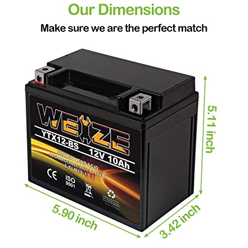Weize YTX12-BS Motorcycle Battery High Performance - Maintenance Free - Sealed YTX12 BS AGM Rechargeable ATV Batteries compatible with Honda Kawasaki Suzuki