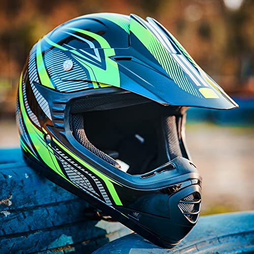 ILM Youth Kids ATV Motocross Helmet Goggles Sports Gloves Dirt Bike Motorcycle Off Road DOT Approved B07 (Youth-L, Green/Silver)