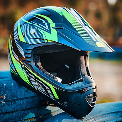 ILM Youth Kids ATV Motocross Helmet Goggles Sports Gloves Dirt Bike Motorcycle Off Road DOT Approved B07 (Youth-L, Green/Silver)