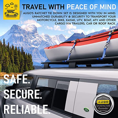 AUGO Ratchet Tie Down Straps –4 PK– 15 FT – 2,200 LB Break Strength – Safety Lock S Hooks –for Moving Cargo, Appliances, Lawn Equipment, Motorcycle – Includes 2 Bungee Cords, 4 Soft Loops, Storage Bag