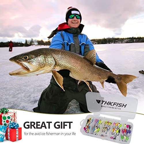THKFISH 50Pcs/Box Ice Fishing Jigs Set Ice Fishing Lures Walleye Jigs Heads for Ice Fishing Gear Kit Panfish Crappie Perch Jigs Ice Fishing Box A