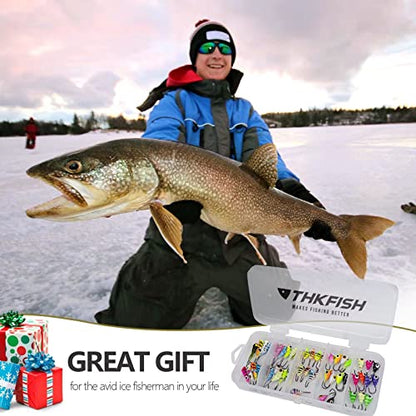 THKFISH 50Pcs/Box Ice Fishing Jigs Set Ice Fishing Lures Walleye Jigs Heads for Ice Fishing Gear Kit Panfish Crappie Perch Jigs Ice Fishing Box A