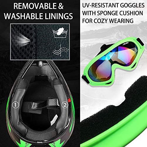 ILM Youth Kids ATV Motocross Helmet Goggles Sports Gloves Dirt Bike Motorcycle Off Road DOT Approved B07 (Youth-L, Green/Silver)