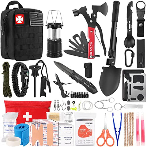 Survival Kit and First Aid kit, 160 Pcs Emergency Supplies Camping Accessories with Upgraded Molle Bag, Including Hatchet Shovel Pliers Lantern, Gifts for Men Outdoor Adventure Camping Hiking Hunting