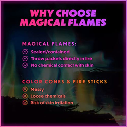 Magical Flames Fire Color Changing Packets - Fire Pit, Campfires, Outdoor Fireplaces - Hue-Changing Cosmic Flame Powder - Color Fire Camping Accessories for Kids & Adults - 50 Pack
