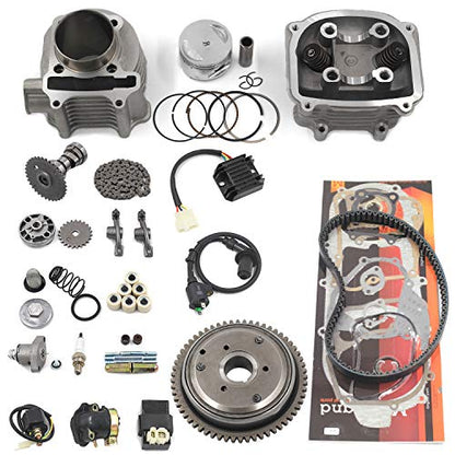Complete GY6 Cylinder Head Rebuild Kits with valves, Trkimal 57.4mm 150cc Big Bore Upgrade Kits for 4 stroke 157QMJ Engines Chinese scooter moped parts, GY6 Engine parts Sunl Roketa Peace