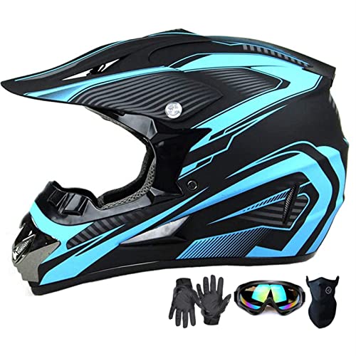 Motocross Helmet,Adult &Youth Trend Full Face Helmet,ATV Motorcycle Helmet,Dirt Bike Downhill Off-Road Mountain Bike Helmet,DOT Certified,4-Piece Set (Blue, M)