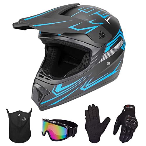 Yesmotor Youth Kids Motocross Helmet Full Face Motorcycle Dirt Bike Off-Road Mountain Bike BMX MX ATV Helmet- DOT Approved with(Gloves Goggles Mask) 4Pcs Set (Blue,M)
