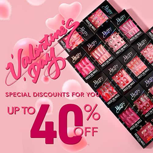 Press On Nails, BettyCora Glue On Nails Extra Long XXXL Coffin Valentine's Press on Nails Fake Nails Stick on Nails with Nail Glue Nail Adhesive Tabs Acrylic False Nail Tips Kit 12 Sizes, Hot Pink