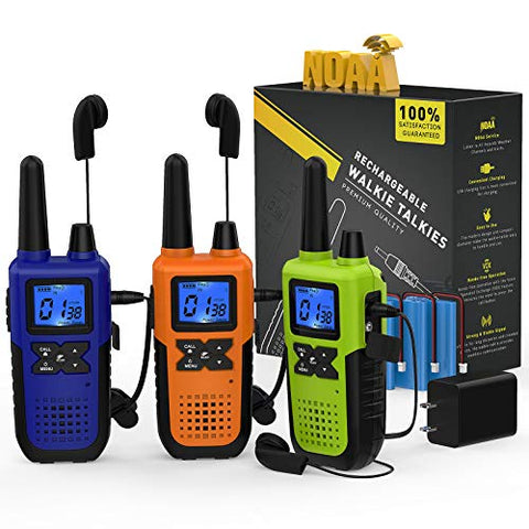 3 Long Range Walkie Talkies Rechargeable for Adults - NOAA 2 Way Radios Walkie Talkies 3 Pack - Long Distance Walkie-Talkies with Earpiece and Mic Set Headsets USB Charger Battery Weather Alert