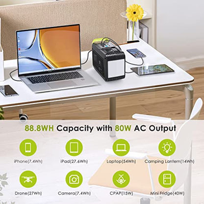MARBERO 88Wh Portable Power Station 24000mAh Camping Solar Generator(Solar Panel Not Included) Lithium Battery Power 110V/80W AC, DC, USB QC3.0, LED Flashlight for CPAP Home Camping Emergency Backup