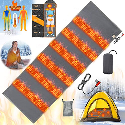 Heated Sleeping Bag Liner - USB Battery Powered Heating Pad for Backpacking Camping Electric Sleeping Bag Heater (Grey, 75 x 25inch) (Battery Not Included)