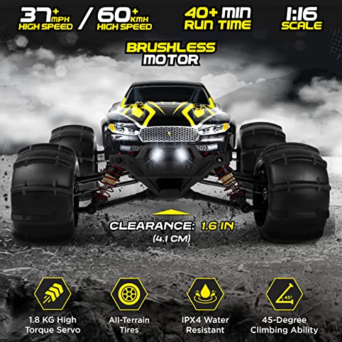 LAEGENDARY Fast RC Cars for Adults and Kids - 4x4, Off-Road Remote Control Car - Battery-Powered, Hobby Grade, Waterproof Monster RC Truck - Toys and Gifts for Boys, Girls and Teens Black - Yellow
