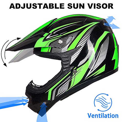 ILM Youth Kids ATV Motocross Helmet Goggles Sports Gloves Dirt Bike Motorcycle Off Road DOT Approved B07 (Youth-L, Green/Silver)