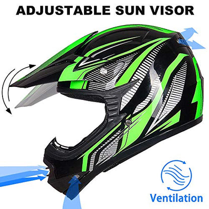 ILM Youth Kids ATV Motocross Helmet Goggles Sports Gloves Dirt Bike Motorcycle Off Road DOT Approved B07 (Youth-L, Green/Silver)