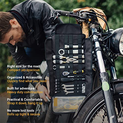 Heavy duty motorcycle tool roll bag - Tools NOT included - Empty small tool bag and roll up wrench organizer tool pouch with elastic loops, pocket MOLLE webbing to wrap tool kit for MC bike ATV UTV