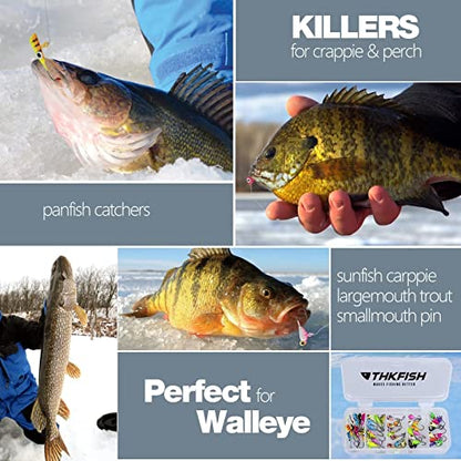 THKFISH 50Pcs/Box Ice Fishing Jigs Set Ice Fishing Lures Walleye Jigs Heads for Ice Fishing Gear Kit Panfish Crappie Perch Jigs Ice Fishing Box A