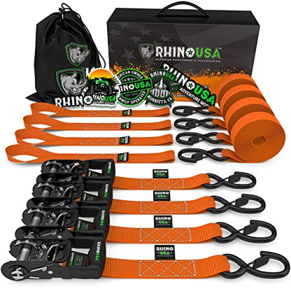 RHINO USA Ratchet Straps Tie Down Kit, 5,208 Break Strength - Includes (4) Heavy Duty Rachet Tiedowns with Padded Handles & Coated Chromoly S Hooks + (4) Soft Loop Tie-Downs