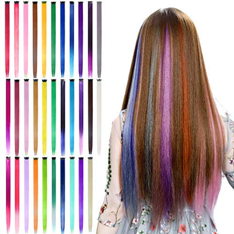 BEAHOT 32 PCS Colored Clip in Hair Extensions 20 Inch Rainbow Long Straight Hairpieces Clip in Synthetic, Halloween Cosplay Dress Up Fashion Party Christmas New Year Gift for Women Kids Girls