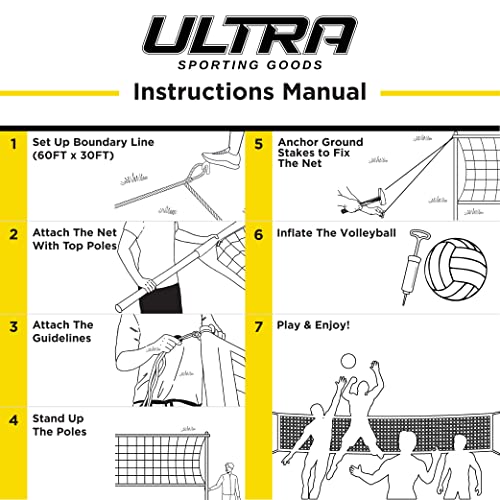 Ultra Sporting Goods Volleyball Net - Includes 32x3 Feet Regulation Size Net, 8.5-Inch PU Volleyball, Carrying Bag, Boundary Lines, Steel Poles & Pump - Height Adjustable for Men, Women & Co-Ed Games