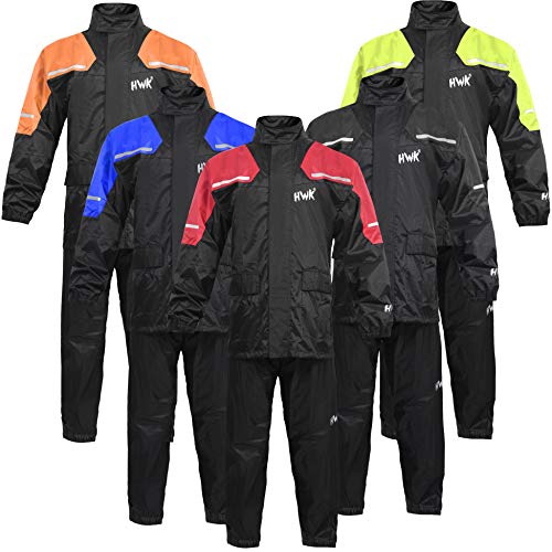 HWK Motorcycle Rain Suit For Men & Women Gear Jackets & Pants Reflective Waterproof Rainsuit (Red, X-Large)