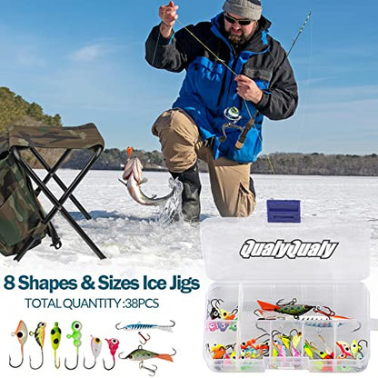 QualyQualy Ice Fishing Rod Reel Combo Complete Set Ice Fishing Gear with Backpack Seat Ice Cleats Ice Fishing Jigs Line Full Ice Fishing Kit