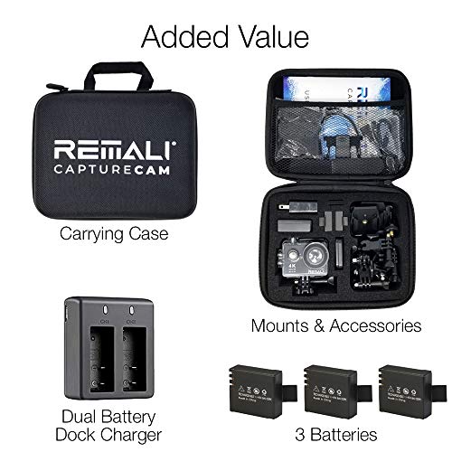REMALI CaptureCam 4K Ultra HD and 12MP Waterproof Sports Action Camera Kit with Carrying Case, 3 Batteries, Dual Battery Charger, 2” LCD Screen, WiFi, Remote Control, and 21 Mounts and Accessories