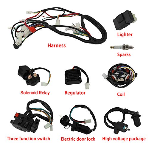 AuInLand Electrics Wiring Harness Loom Kit Electrics Stator Coil CDI Wiring Harness Solenoid Relay Spark Plug for GY6 150cc-250cc ATV Quad
