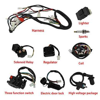 AuInLand Electrics Wiring Harness Loom Kit Electrics Stator Coil CDI Wiring Harness Solenoid Relay Spark Plug for GY6 150cc-250cc ATV Quad