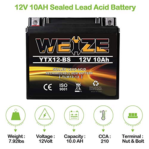 Weize YTX12-BS Motorcycle Battery High Performance - Maintenance Free - Sealed YTX12 BS AGM Rechargeable ATV Batteries compatible with Honda Kawasaki Suzuki