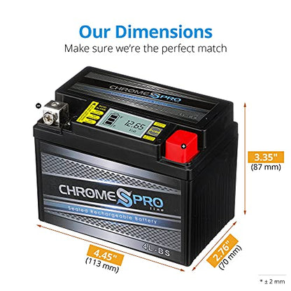 Chrome Pro YTX4L-BS iGel Maintenance Free Replacement Battery with Digital Display for ATV, Motorcycle, and Scooter: 12 Vlts.4 Amps, 3.2Ah, Nut and Bolt (T3) Terminal