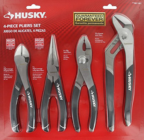 Husky 861461 4 Piece High Leverage Multi-Use Pliers Set with Diagonal, Long Nose, Slip Joint, and Groove Joint Pliers