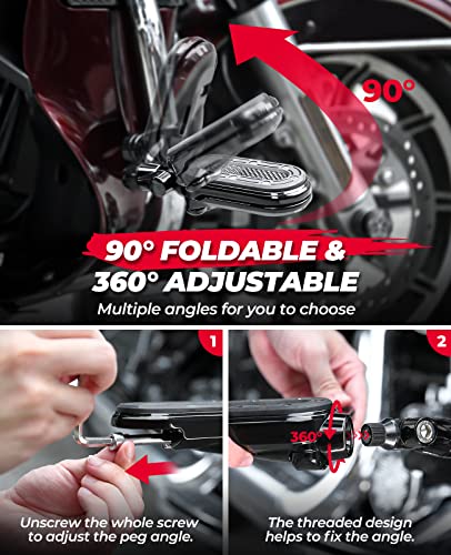 Motorcycle Highway Pegs for 1.25" Engine Guard Adjustable Foot Pegs with Flip-out Heel Rests for Road Glide Street Glide Sportster Road King Electra Glide with 1/4 Highway Bar, Black